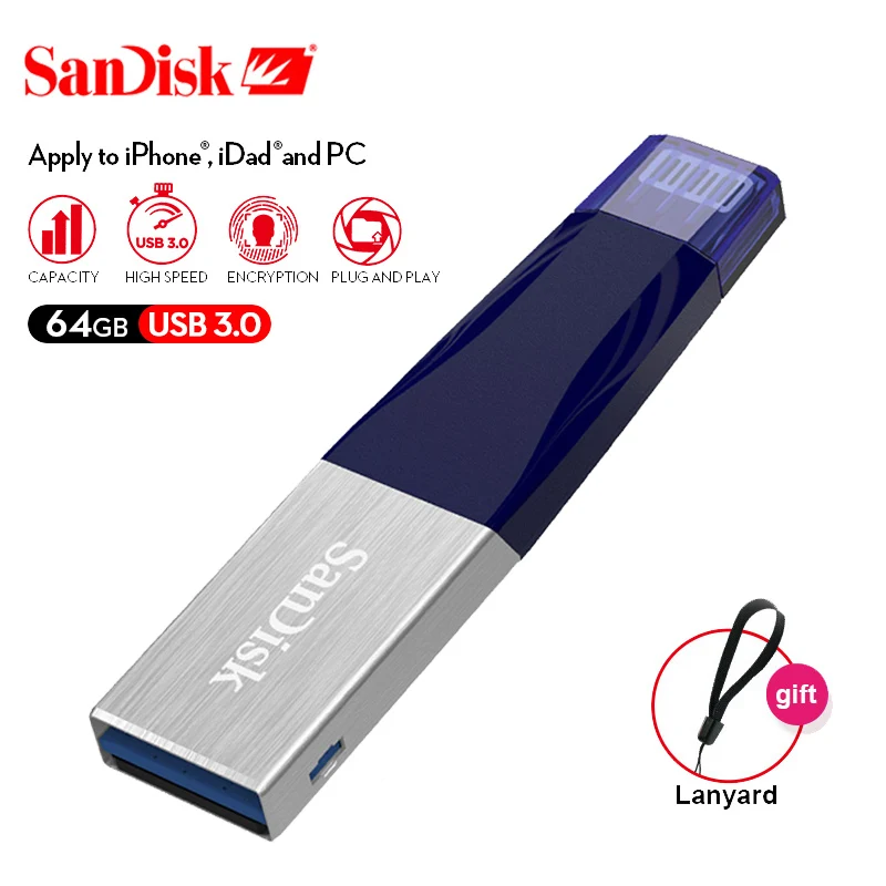 US $50.09 Sandisk IXPAND Pen Drive USB 30 Flash Drive 256gb 128gb 64gb Memory Lightning Stick Pendrive OTG For IphoneIpadIpodAPPLE MFi