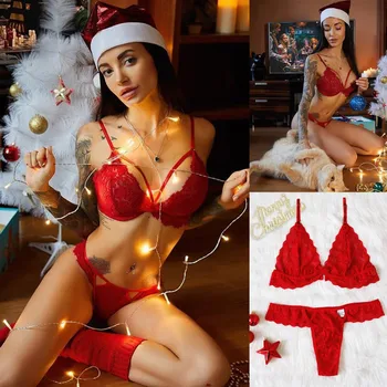 

New Women Christmas Sexy Lace Lingerie Fashion Plus Size Bra Hollow Thong Underwear Charming Pajamas Party Holiday Sexy Costume