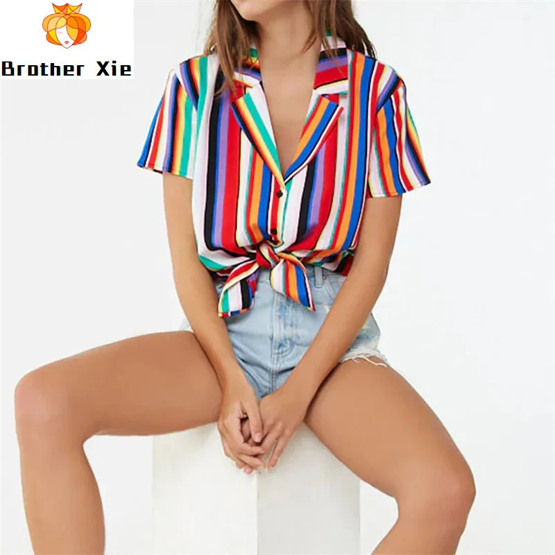 

Summer Blouses Women Summer Chiffon Blouse Short Sleeve Striped Print Turn Down Collar Office Shirt Casual Tops Plus Size Blusas