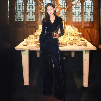 

Women's suit 2 piece set star with velvet women's double-breasted suit blazers trousers business professional suits