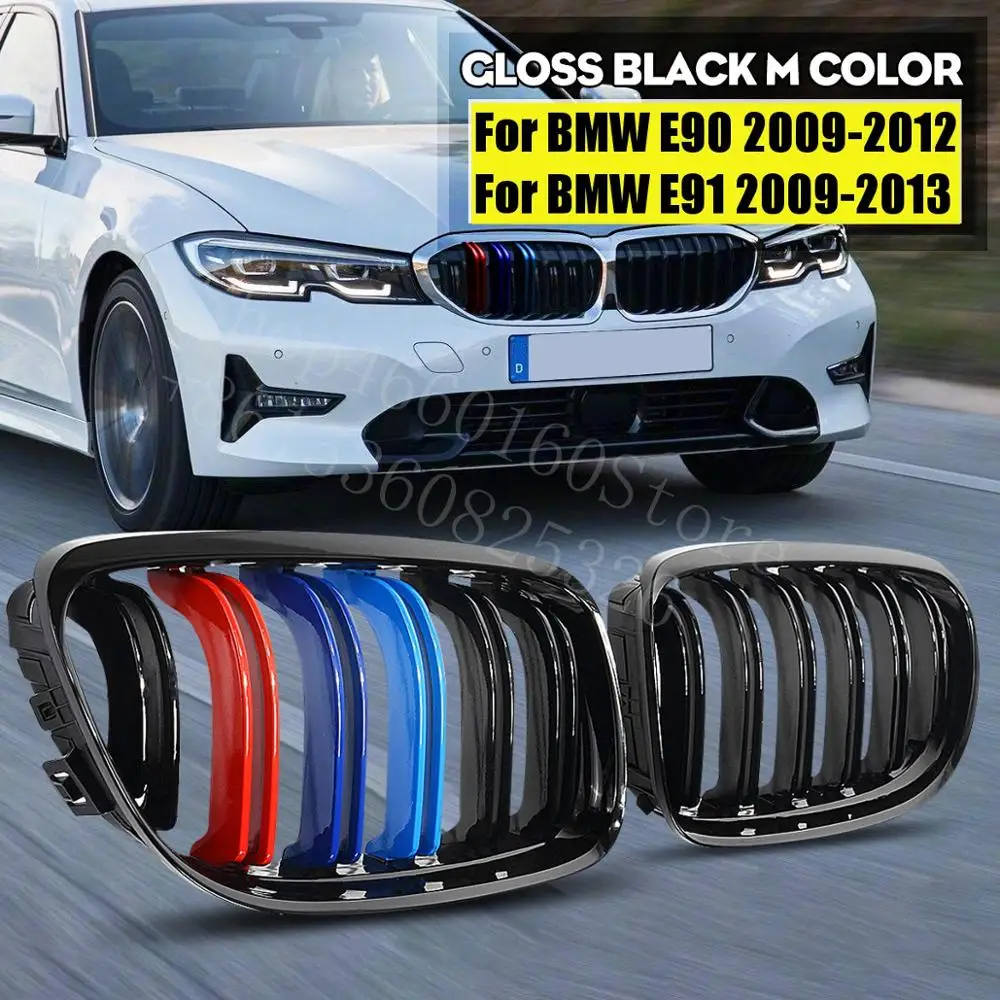 Puou высокое качество 2 шт глянцевый черный 3 м-цвет двойной линии спортивный автомобиль Передняя почек решетки для BMW E90 2009-2012/E91 2009-2013