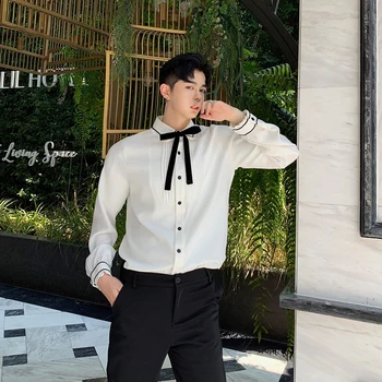 

Men Shirt Pleated Bow Tie Collar Long Sleeve Vintage Fashion Casual Dress Shirt Male Women Streetwear Hip Hop Party Shirts