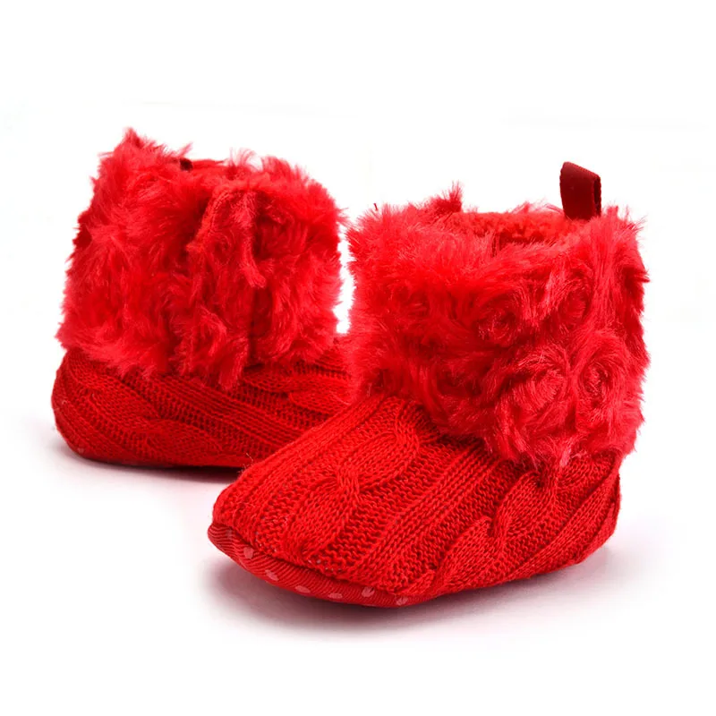 Red Мамы и детей; первая обувь для детей, начинающих ходить; для девочек и мальчиков, сезон зима теплая обувь для мягкий, для новорожденных вязаная теплая из искусственного меха, которые делают первые шаги; обувь - Цвет: Red
