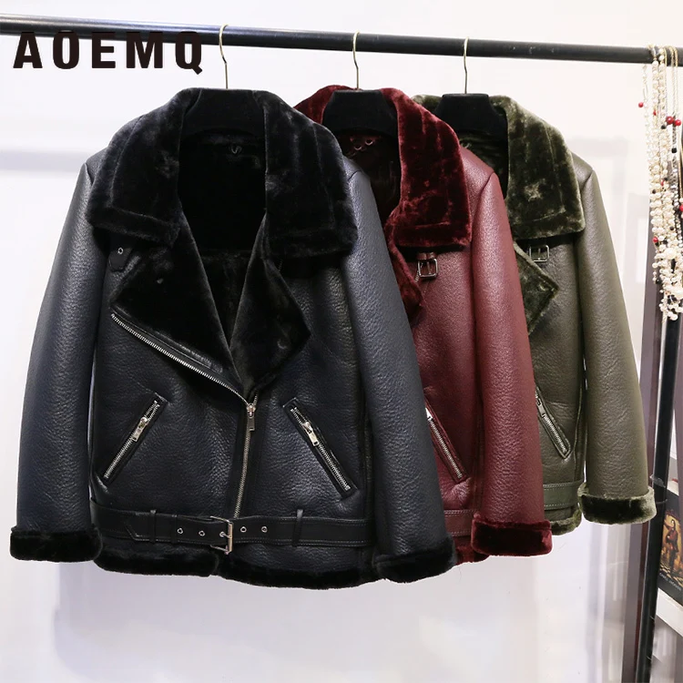 Vente AOEMQ rétro nouveau revers et velours rembourré fourrure un manteau chaud mode cuir PU agneau cheveux moto vêtements Bomber veste