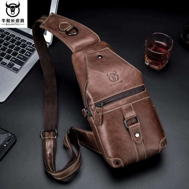 

Cattle Genuine Leather Men's Singles Shoulder Messenger Baotou Layer Cowhide Will Capacity Soft Packet Chest Package Men Bag