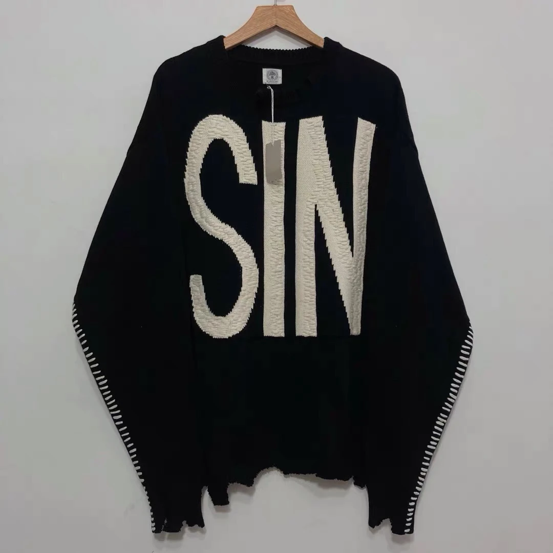 Men and Women SIN Letter Crew Neck Knitted Sweater Oversized Loose Casual Pullover Irregular Destruction Sweater mens pullover sweater