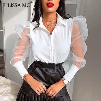 

JULISSA MO Elegant Office Lady White Blouse Shirts Mesh Puff Sleeve Buttons Women Tops Winter Female Turn-down Collar Blusas