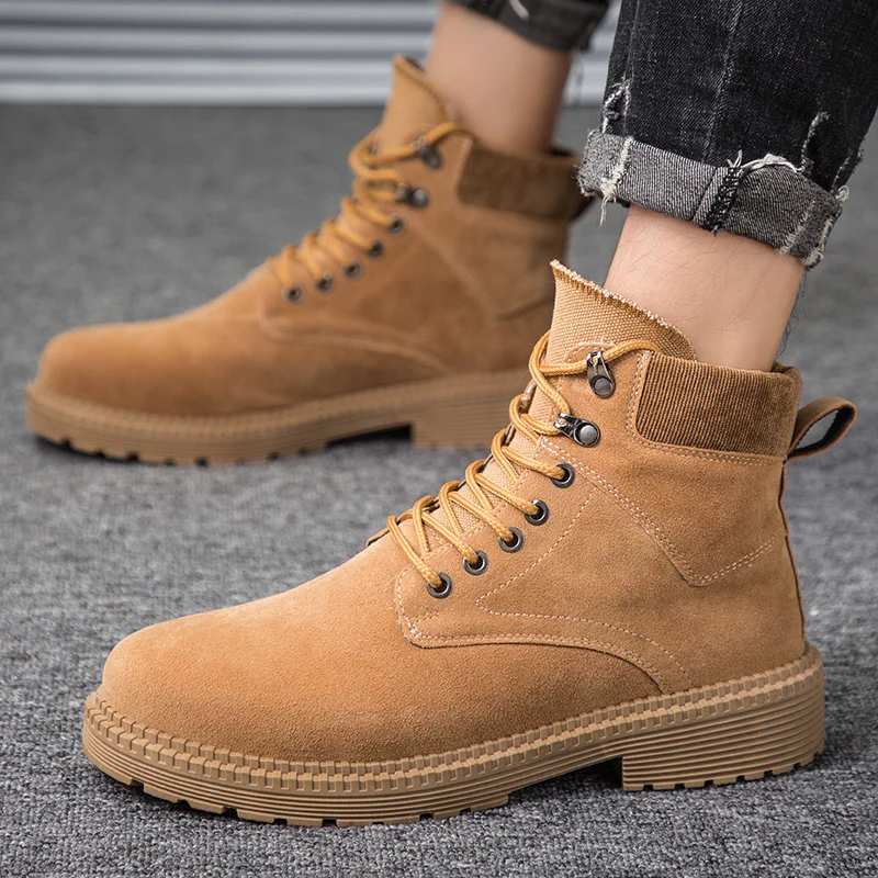 Men's high-top Martin boots classic men's shoes outdoor tooling shoes weaving laces inside breathable wear-resistant outsole - Color: Khaki
