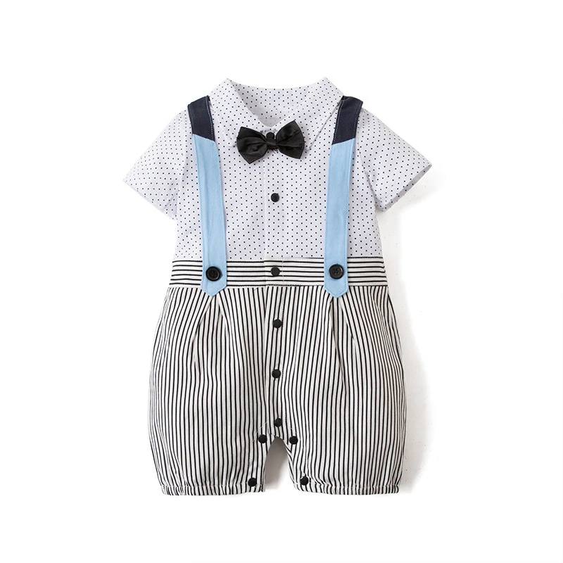 Summer new European American baby boys romper short sleeve polka dot striped bow tie strap gentleman bodysuit |