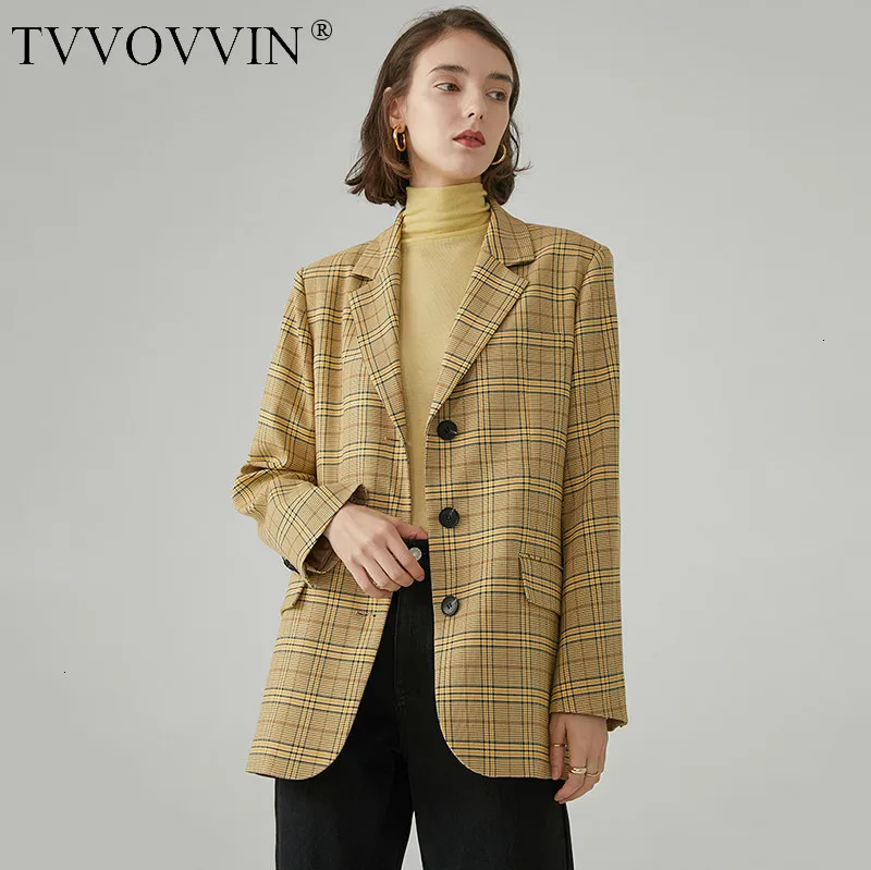 TVVOVVIIN, свободный крой, желтая клетчатая деловая куртка, новинка, с отворотом, длинный рукав, Женское пальто, модное, Осень-зима, L571