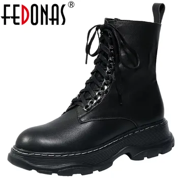 

FEDONAS Loafer Winter Women Genuine Leather 2020 Fashion Motorcycle Boots For Women Platform Cross Tied Party Ankle Boots