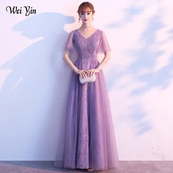 

AE0150 wei yin Elegant A-line Evening Dresses Long 2020 New Style V-Neck Purple Prom Gown Vestido de Festa