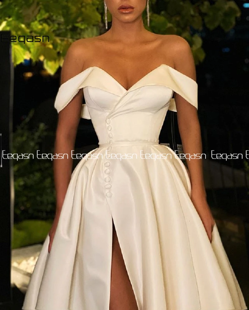 US $63.75 Eeqasn ALine Prom Dress 2021 Spring Satin Off The Shoulder V Neck High Slit Long Evening Gown Formal Elegant Vestidos De Gala
