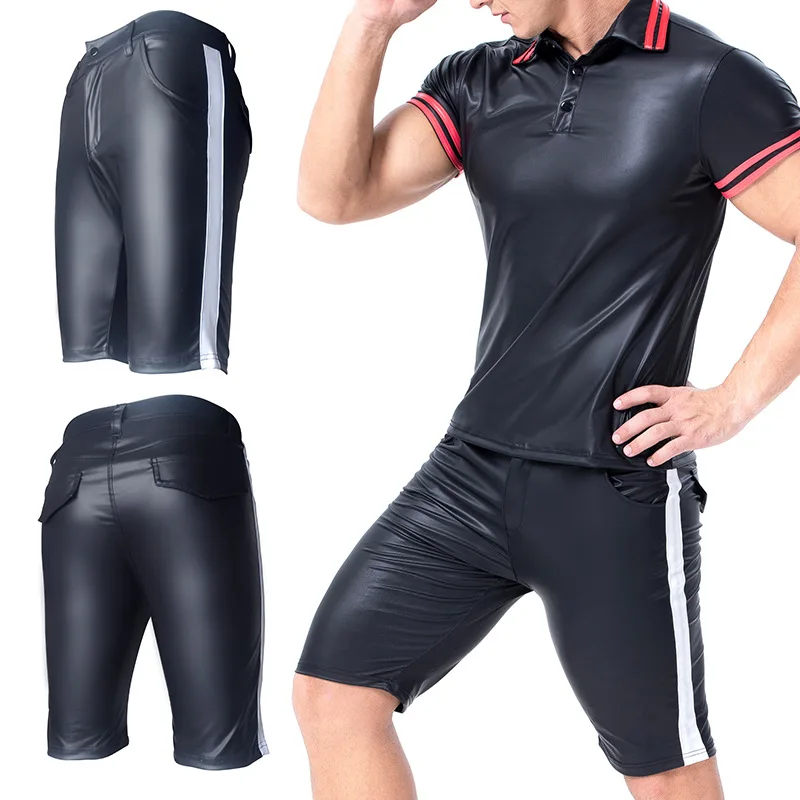 

S-XXL Rivet PU Boxers Tight-fitting For Nightclub Stage Zipper Patent Leather Long Boxers Latex Pants Men Plus Size Shorts