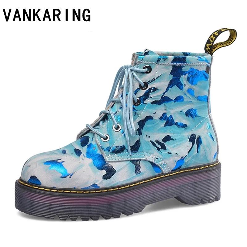 

women ankle boots winter autumn riding boots shoes woman printing leather lace up casual shoes platform ankle boots plus size