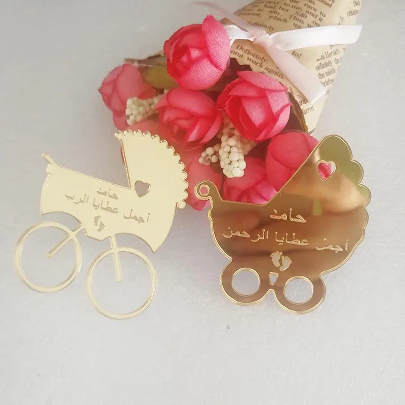 20 шт. персонализированные именные зеркальные Детские коляски на заказ Babyshower бирки для новорожденных, подарки для малышей, вечерние