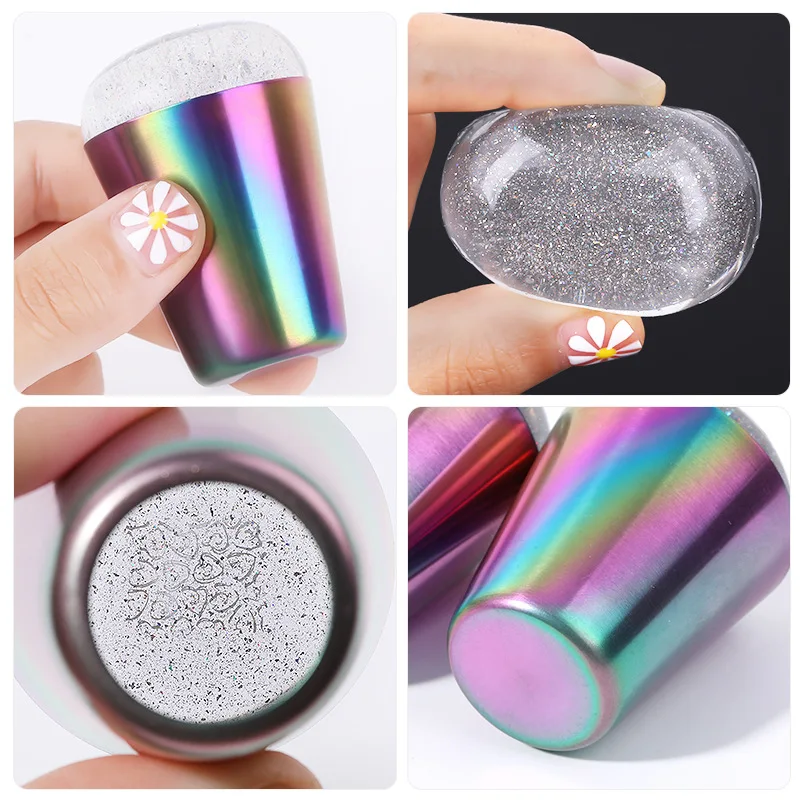 

1 Set Colorful Handle Nail Stamper Shining Holographic Head Clear Silicone Stamper for Nail Art Stamping Plate Nail Art Tool