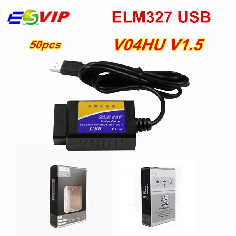 50 шт. DHL V04HU elm327 USB автомобильный Стайлинг сканер неисправностей интерфейс OBD2 OBDII ELM 327 v1.5 Диагностика сканирование интерфейс сканера