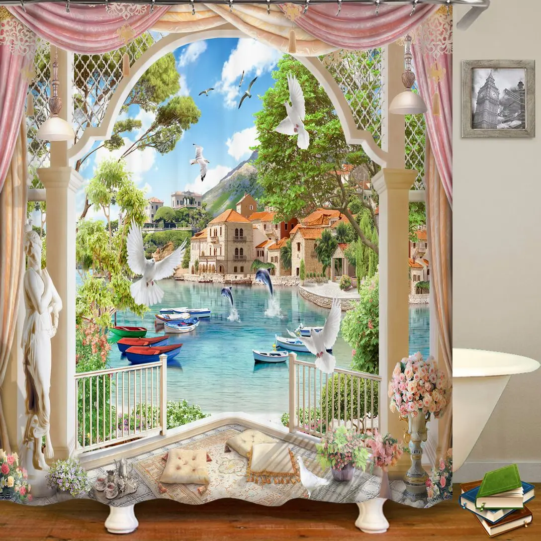 RuralGardenFlowersSeasideSceneryShowerCurtainWaterproofBathroom