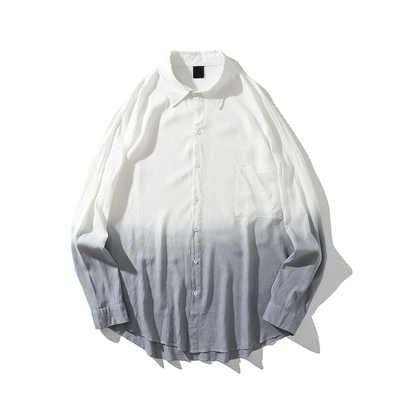 Dark Icon Dyed Gradient Hip Hop Shirts Turn-down Collar Men Autumn Streetwear Oversized Men’s Shirts Short Sleeve - Цвет: blue Shirt
