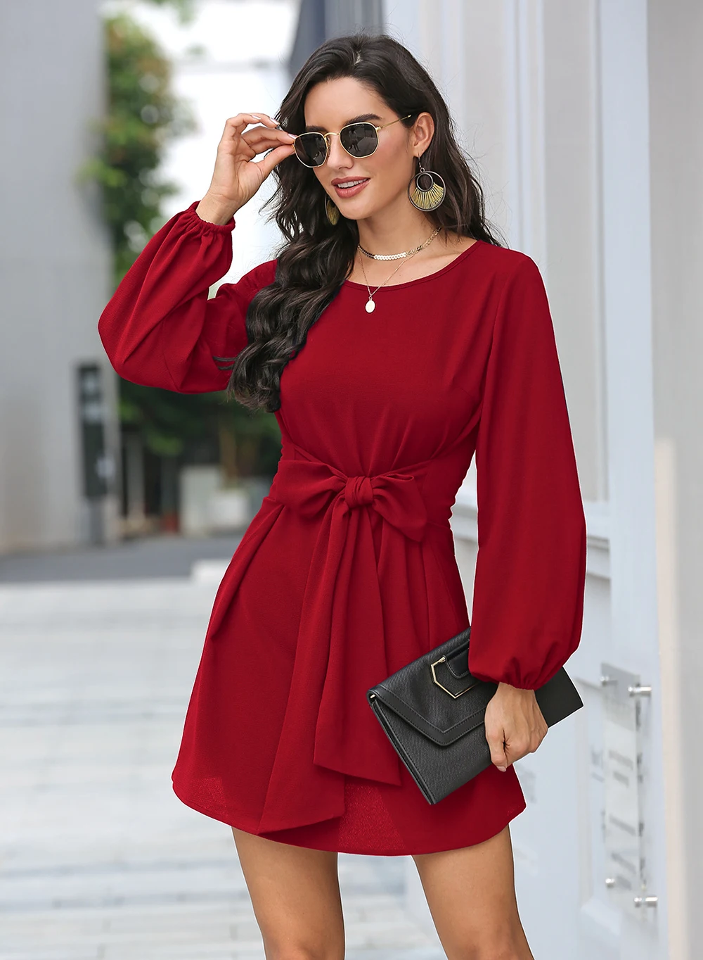 Black Lantern Sleeve Round Neck Casual Dress | Uniqistic.com