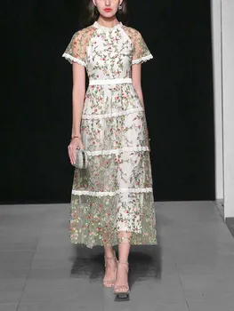 

YAMDI 2020 party luxury elegant runway boho vintage dress spring summer dress women a-line short sleeve embroidery print floral