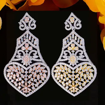 

New Luxury BOLD 2 Tone Rosegold Shiny Heart Dangle Earrings For Women Wedding Cubic Zirconia DUBAI Bridal Earring Jewelry 2020