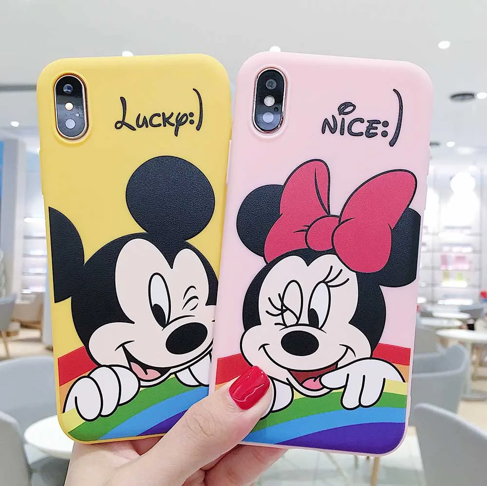 

Cute Cartoon Mickey Minnie Rainbow Pink Lovely case for iPhone X XS MAX XR Soft TPU Matte cover for iPhone 8 7 6 6S plus