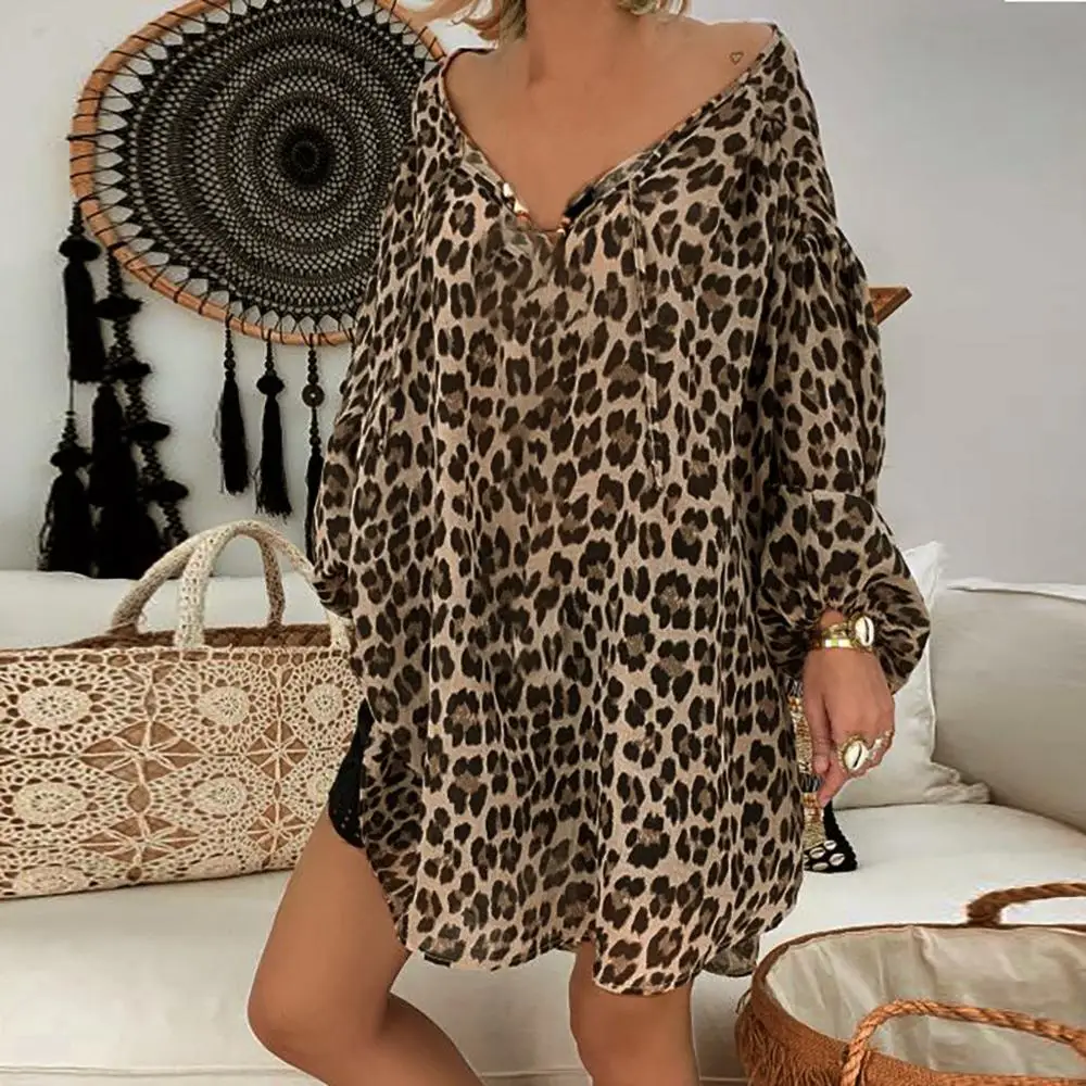 

2019 New Autumn Winter Fashion Women Plus Size Tops Casual Loose Long Sleeve V-neck Leopard Print Tops