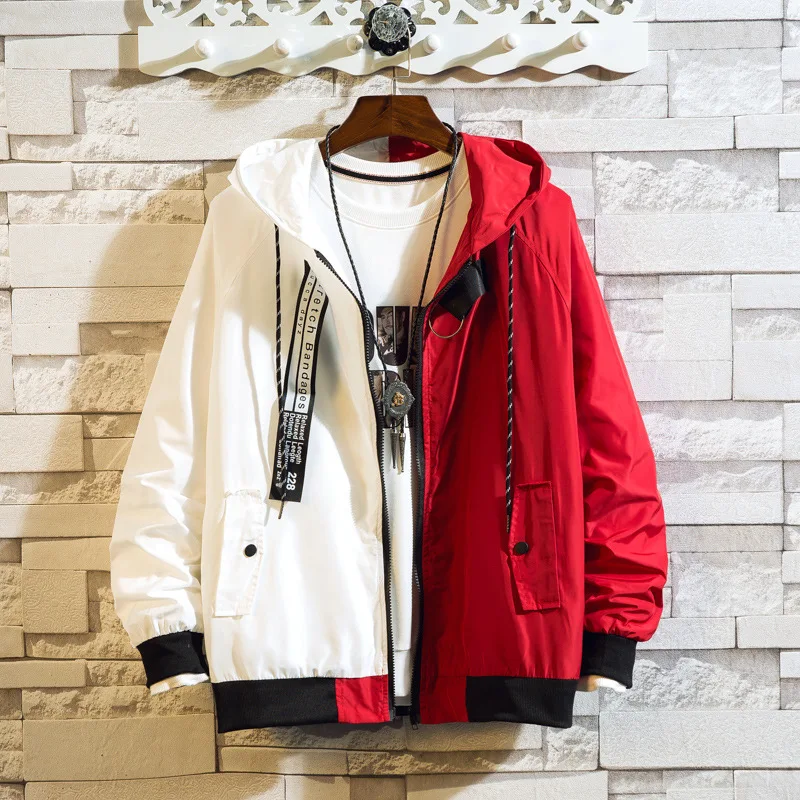 

E-BAIHUI Ins Jacket Spring and Autumn Korean Color Block Hooded Jacket Men's Hip-hop Bf Wind Patch Coat