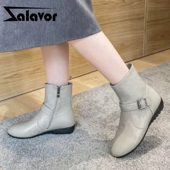 

ZALAVOR Size 33-44 Women Ankle Boots Real Leather Round Toe Women Short Boots Fashion Autumn Winter Shoes Women Footwear