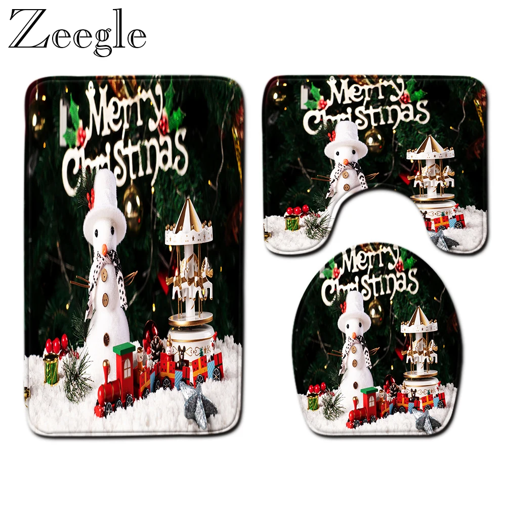 Christmas Bath Mat 3pcs Bathroom Mat Set Absorbent Toilet Pedestal Rug Anti-slip Christmas Carpet for Bathroom Toilet Cover Mat