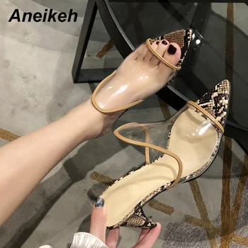 

Aneikeh 2020 Sexy Serpentine PVC Pointed end Peep Toe High Heel Slippers Summer Fashion Slip On Thin Heels Slides Women Mules