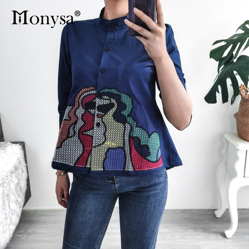 Embroidery Shirt Women Summer Autumn 2020 New Arrival Fashion 3/4 Sleeve Casual Blouses Ladies White Doll Shirt