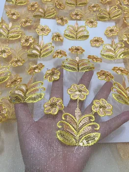 

Gold Line 3 D Flowers African Lace Fabric With Sequins 2019 Latest Fabric High Quality Velvet Tulle Sequins Lace Fabric Dress