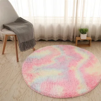 

Round Long Hairy Carpet Colorful Bedroom Rug Fluffy Girl Bedroom Decoration Tie-dye Gradient Soft Plush Children Rug Bedside Mat