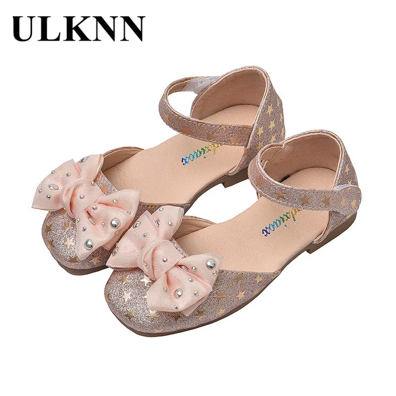 ULKNN Toddler Leather Sandals Bow-knot Rivets Shoes For Girls Princess Party Shoe For Dress Baby Infant Footwear Silver