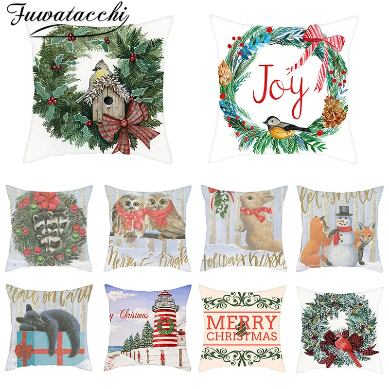 

Fuwatacchi Merry Christmas Pillow Covers Cartoon Snowman Birds Cushion Cover Polyester Home Sofa Chair Decoration Pillowcase