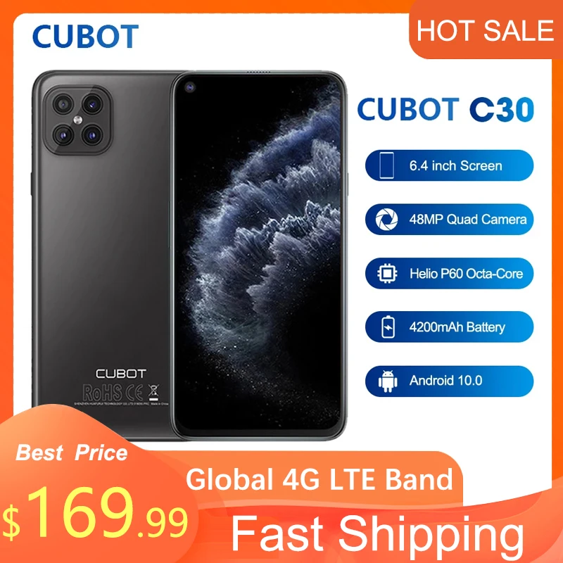 Смартфон Cubot C30 8 ГБ 4G LTE 128/256 32 МП 48MP Quad Camera для селфи Helio P60 NFC 6 4 дюйма FHD + 4200 мАч Android