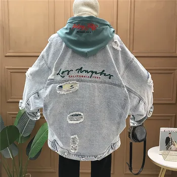 

2020 Spring New Denim Jackets Hole Vintage Turn-down Collar Frayed Letter Loose Hooded Loose Tops Outwear coat