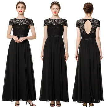 

Elegant Women Chiffon Short Sleeve Backless Chiffon Lace Party Formal Long Dress Black Ruffle Fashion Maxi Prom Gown Dresses New