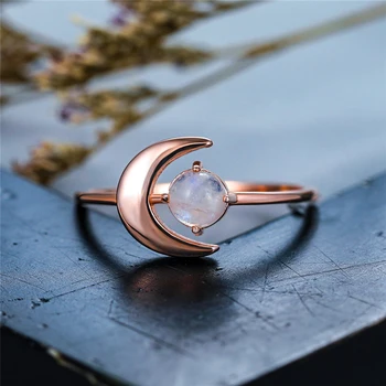 

Boho Female Real Small Round Natural Moonstone Ring Rose Gold Wedding Rings For Women Cute Love Moon Engagement Ring