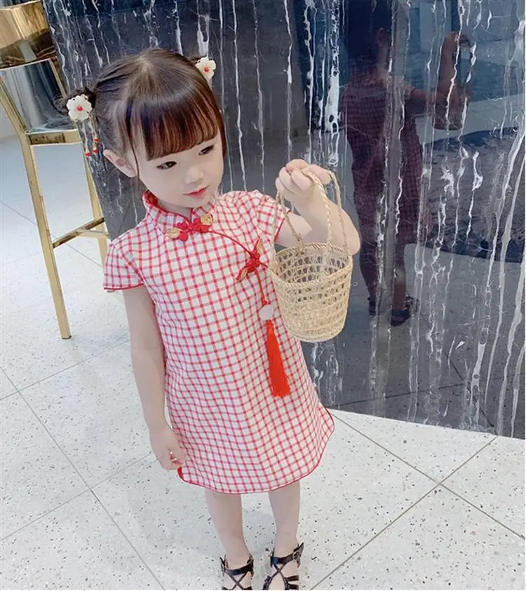 Китайское платье принцессы Cheongsam; летнее платье для маленьких девочек; детская одежда; милое хлопковое платье принцессы с короткими рукавами и цветочным рисунком - Цвет: picture color