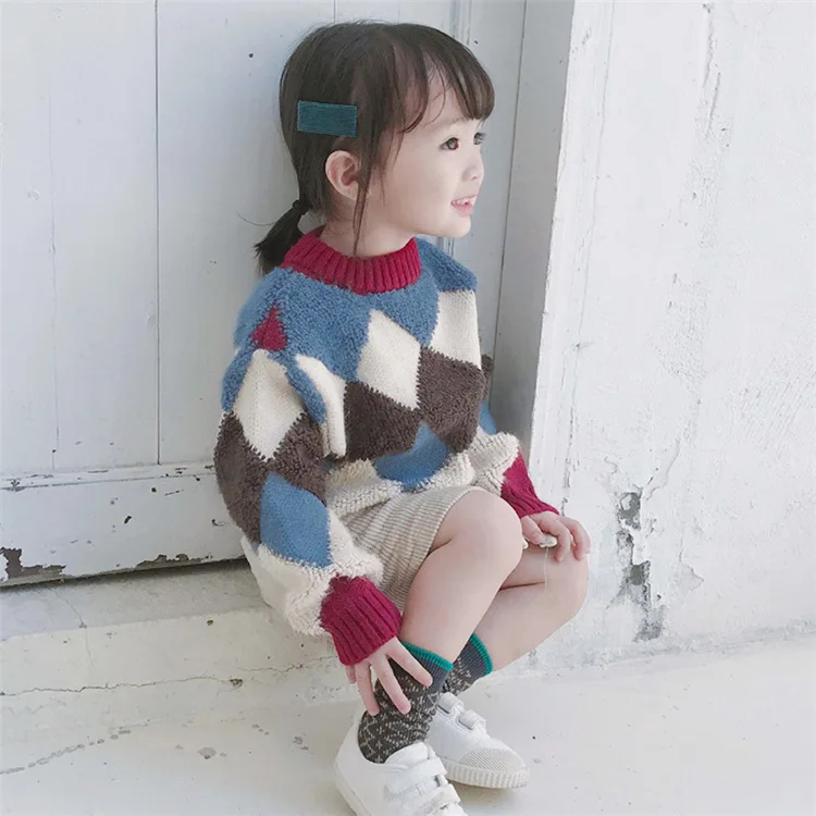 Children's round neck color matching sweater autumn and winter new girls baby pullover sweater