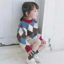 Children's round neck color matching sweater autumn and winter new girls baby pullover sweater