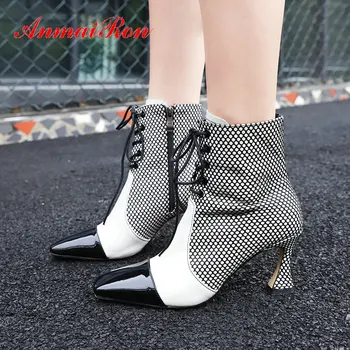 

ANMAIRON 2019 Women Boots Winter Basic Patent Leather Lace-Up Leather Boots Women Square Toe Ankle Boots for Women Size 34-39