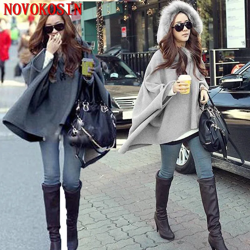 

SC369 2019 Women Loose Batwing Sleeve Fur Collar Poncho Cape Solid Woolen Plus Size Coat Shawl With Fur Hat Capas Mujer