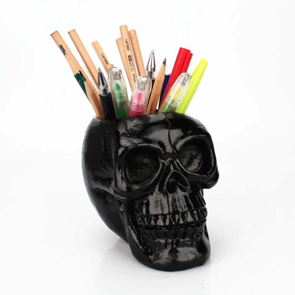 

Portable Black Skull Head Pen Holder Storage Box Resin Statues Home Desk Decor Birthday Gift Halloween Party Decoration