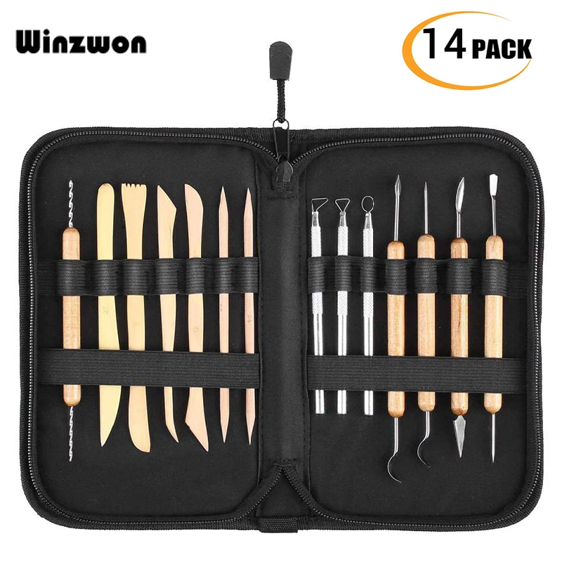 

14Pcs Ceramic Polymer Clay Tools Wooden Handle Pottery Carving Sculpting Modeling Tool Set With Storage Canvas Cases
