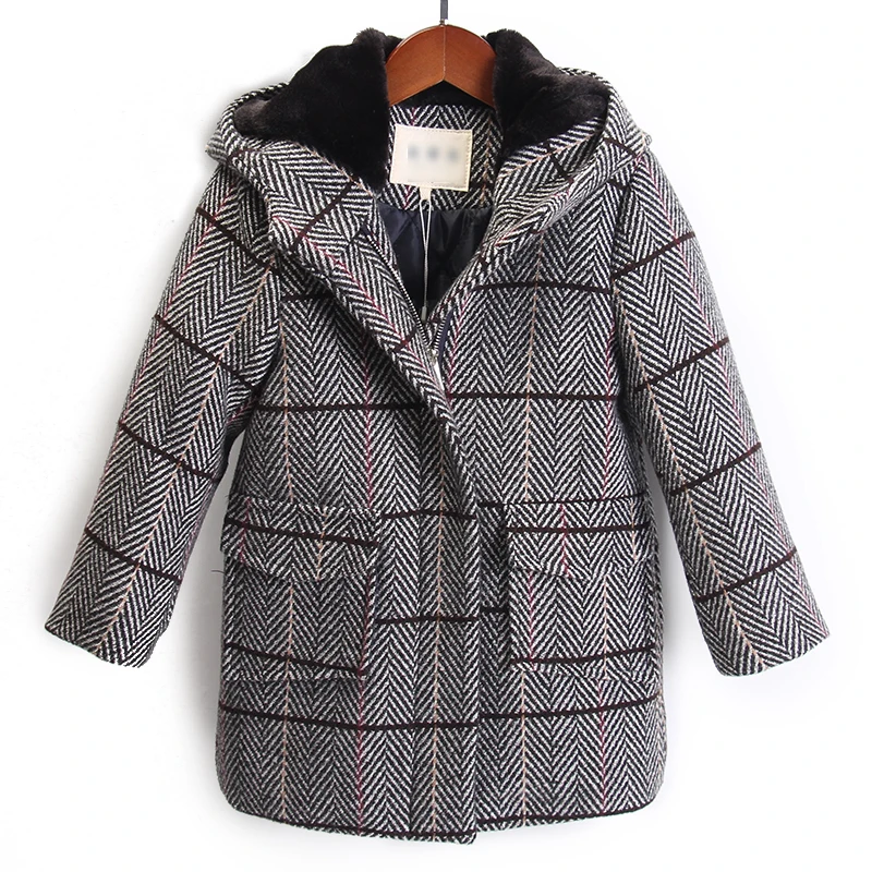 Hot Sale Children's Woolen Coat Fall Winter Boys Casual Plaid Woollen Coat Male Kids Cotton Padded Hooded Outerwear Clothes B412